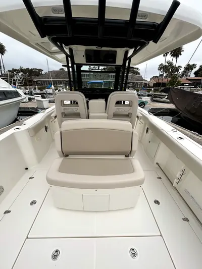 Powerboat cockpit cleaned and ready at the marina