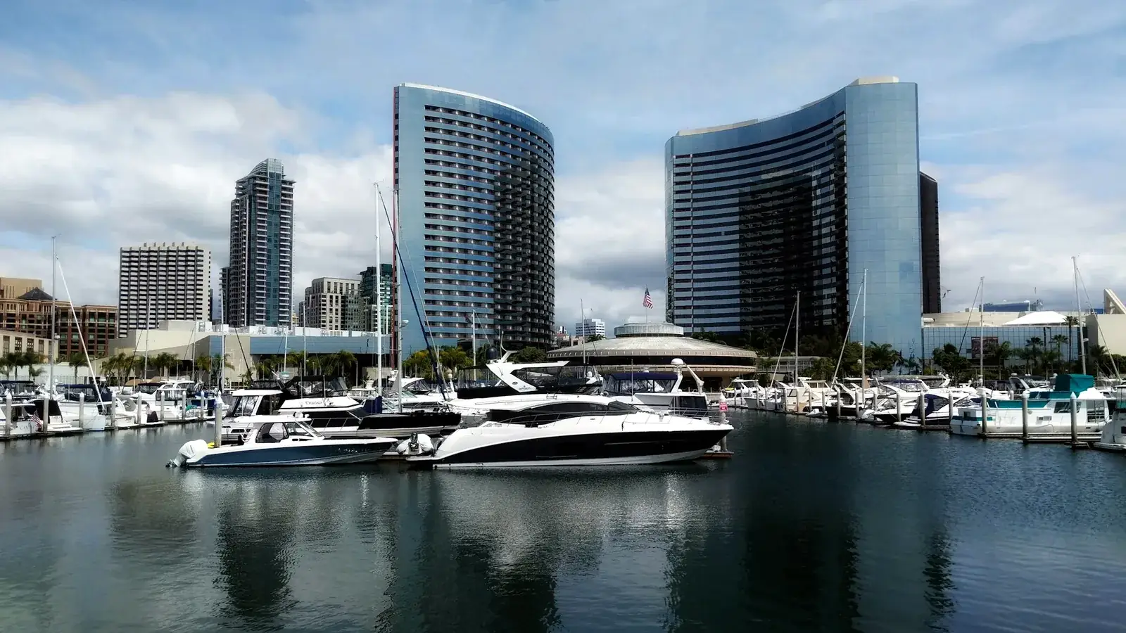 San Diego marina with yachts docked along the downtown waterfront